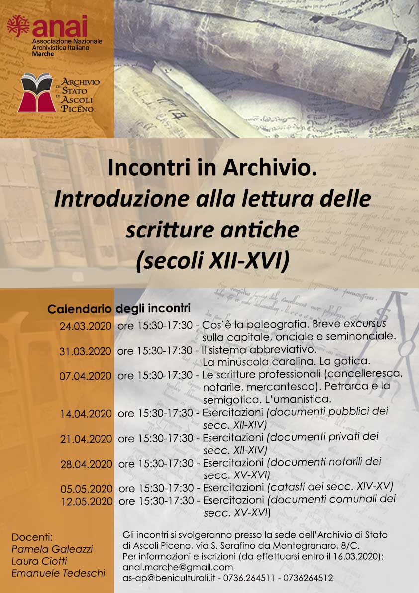 Incontri in Archivio. Introduzione alla lettura delle scritture